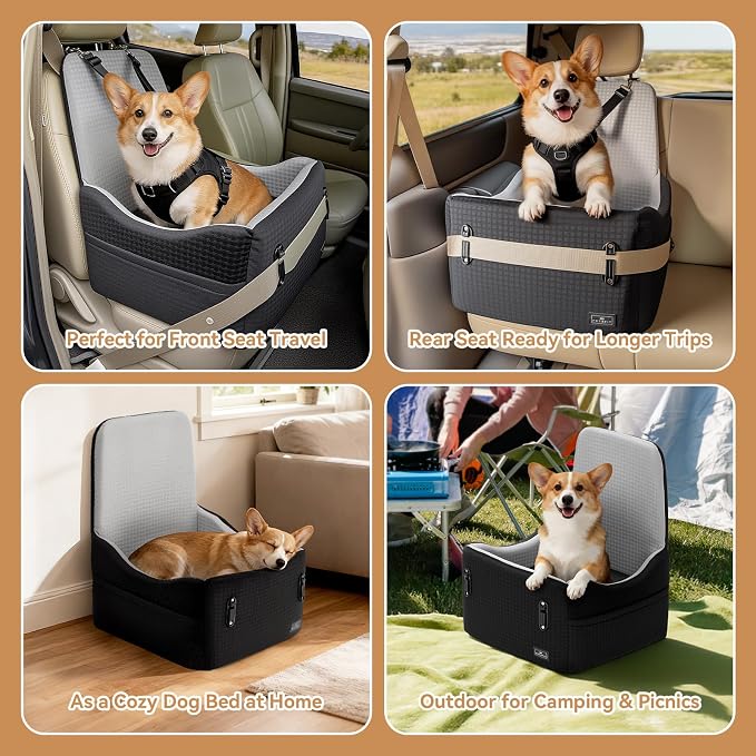 PETSFIT Dog Car Seat with Patented Safety System, 5" Elevated Cushion | Fully Detachable Washable Cover, Memory Foam Dog Booster Seat for Small/Medium Dogs Up to 35 Lbs, Front/Back Seat Travel
