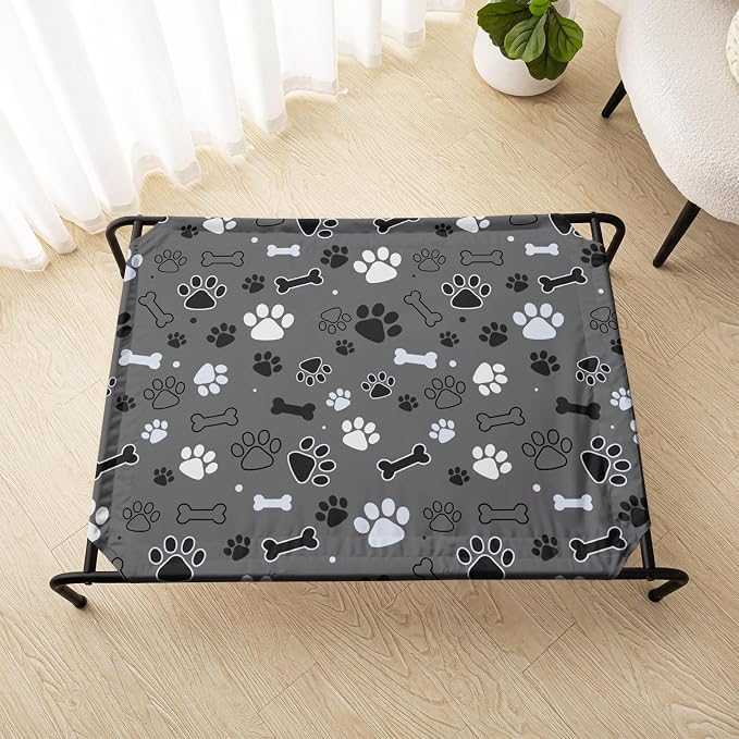 QOOMO Elevated Dog Bed with Cooling Fabric, Pet Cot for Small and Big Dogs, Indoor and Outdoor Use, Joint Relief, Cute Printed Cushion Included (Black Paw Prints, 47.24" L*31.89" W*9.45" Th)