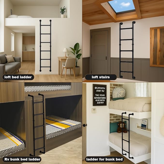 3/4/5/6/7/8FT Black Wall Mounted Steel Ladder, 5-Step Egress Ladder for Window Well, Loft, Bunk Bed, Camper, RV | Floor/Wall Mounted Indoor Safety Climb for Bedroom, Basement, Gym, Dorm & Small Spaces
