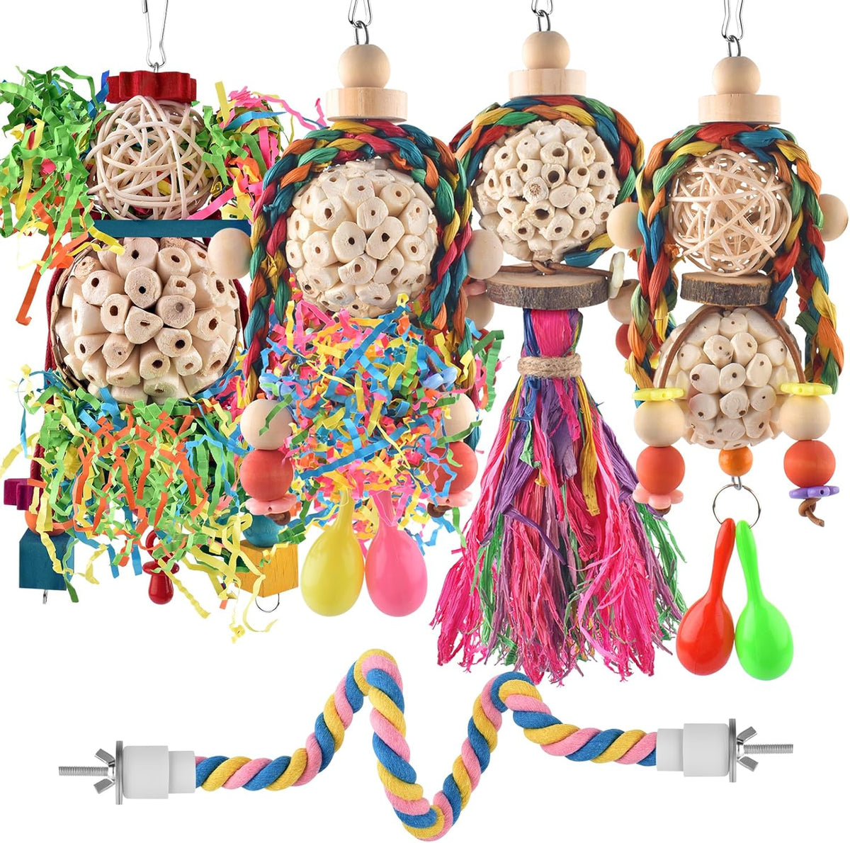 Bissap Conure Toys, 5 PCS Bird Foraging Shredder Hanging Swing Rope Perch Toys Sola Balls with Sand Hammer for Small Parrots Parakeets Conures Cockatiels Love Birds Cage Toy