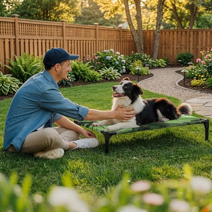 Outdoor Elevated Dog Bed for Medium Dogs, Green Trees Breathable Cooling Raised Dog Cot for Indoor/Outdoor, Sunlight Forest Branches Nature Scenery Waterproof Elevated Pet Beds, M 24 x 20 in