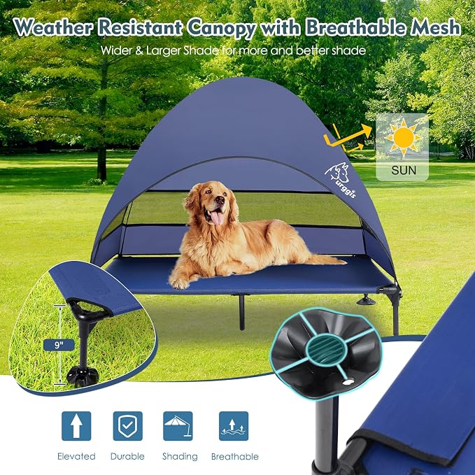 Elevated Outdoor Dog Bed with Canopy Raised Dog Cot with Shade Large Dog | Outdoor Dog Bed with Removable Wider Shade & Stable Anti-Slip Feet for Camping Raised Dogs Cot for Large Pets,Navy Blue