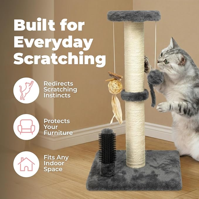 Best Pet Supplies Catify Cat Scratcher, Fun Interactive Scratchers, Posts, Poles, Claw Safe, Furniture Saver Indoor Play Support Natural Cat Behaviors Heavy Duty - Gray Scratching Post - H: 25"
