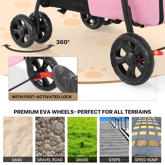 MoNiBloom Double Dog Stroller for Small and Medium Dog Cats, Pink/Gray | Pet Stroller with Detachable Carrier Bags Large 4 Wheels Foldable Jogger for Small and Medium Dog Cats