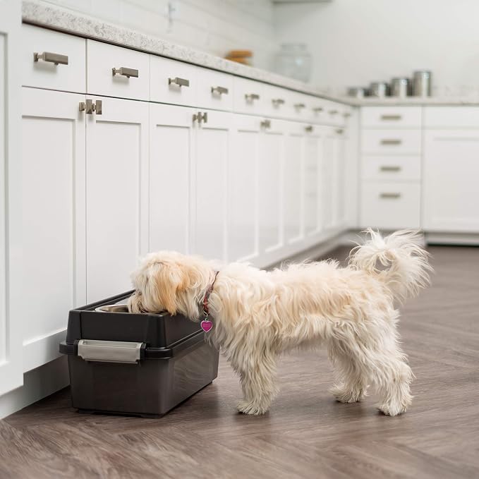IRIS USA Elevated Dog Bowls 9" H, up to 13 lb Storage, Black, Made in USA | Comes with 2 Stainless Steel Bowls (32 oz), Elevated Feeder, Reduce Strain, Perfect for Camping & Outdoors