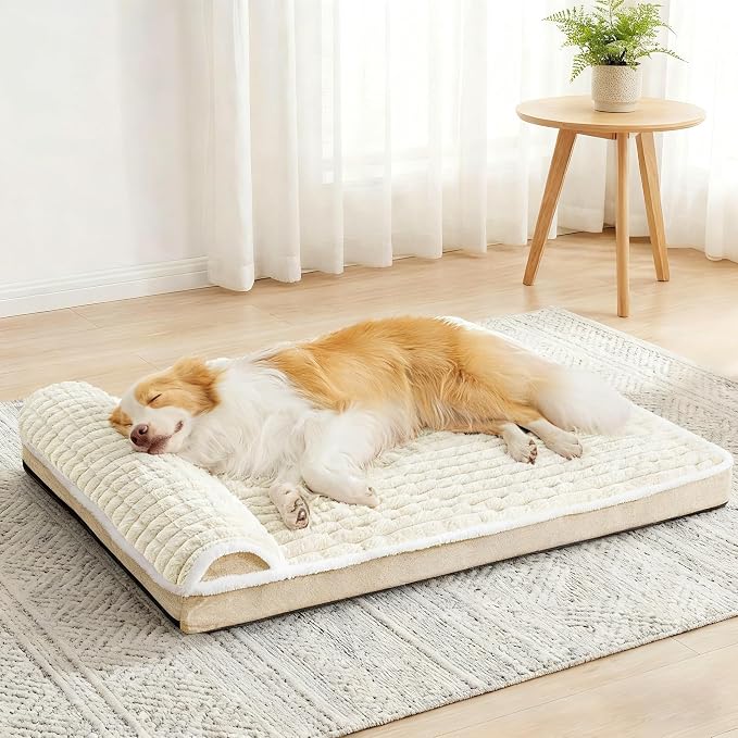 Orthopedic Large Dog Bed Pillow Pet Sofa Bed 36''X24'' Ivory | Egg-Crate Foam Pet Couch Large Sized Dog, Waterproof Removable Washable Cover,Furry Puppy Crate Mat With Nonskid Bottom