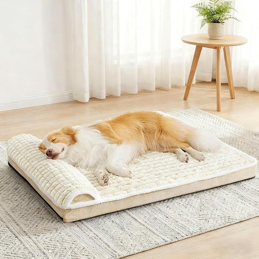 Orthopedic Large Dog Bed Pillow Pet Sofa Bed 48''X30'' Ivory | Egg-Crate Foam Pet Couch Large Sized Dog, Waterproof Removable Washable Cover,Furry Puppy Crate Mat With Nonskid Bottom