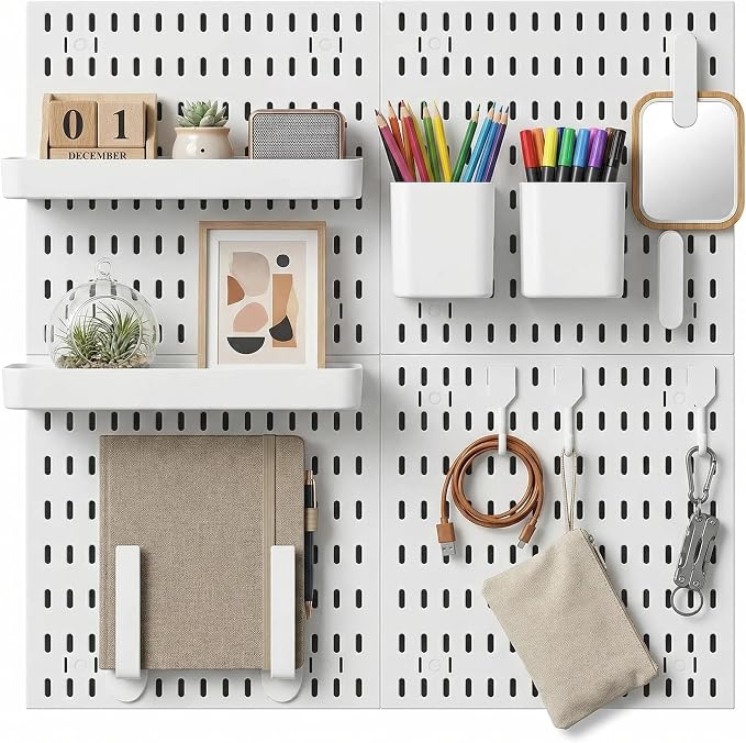 White Pegboard Wall Organizer Kit, 4 Pcs 12 x 12 in ABS Plastic Peg Board Panels with 10 Small Hooks, 2 Big Hooks, 2 Shelves, Wall Mounted Pegboard for Desk, Craft Room, Office and Kitchen Storage