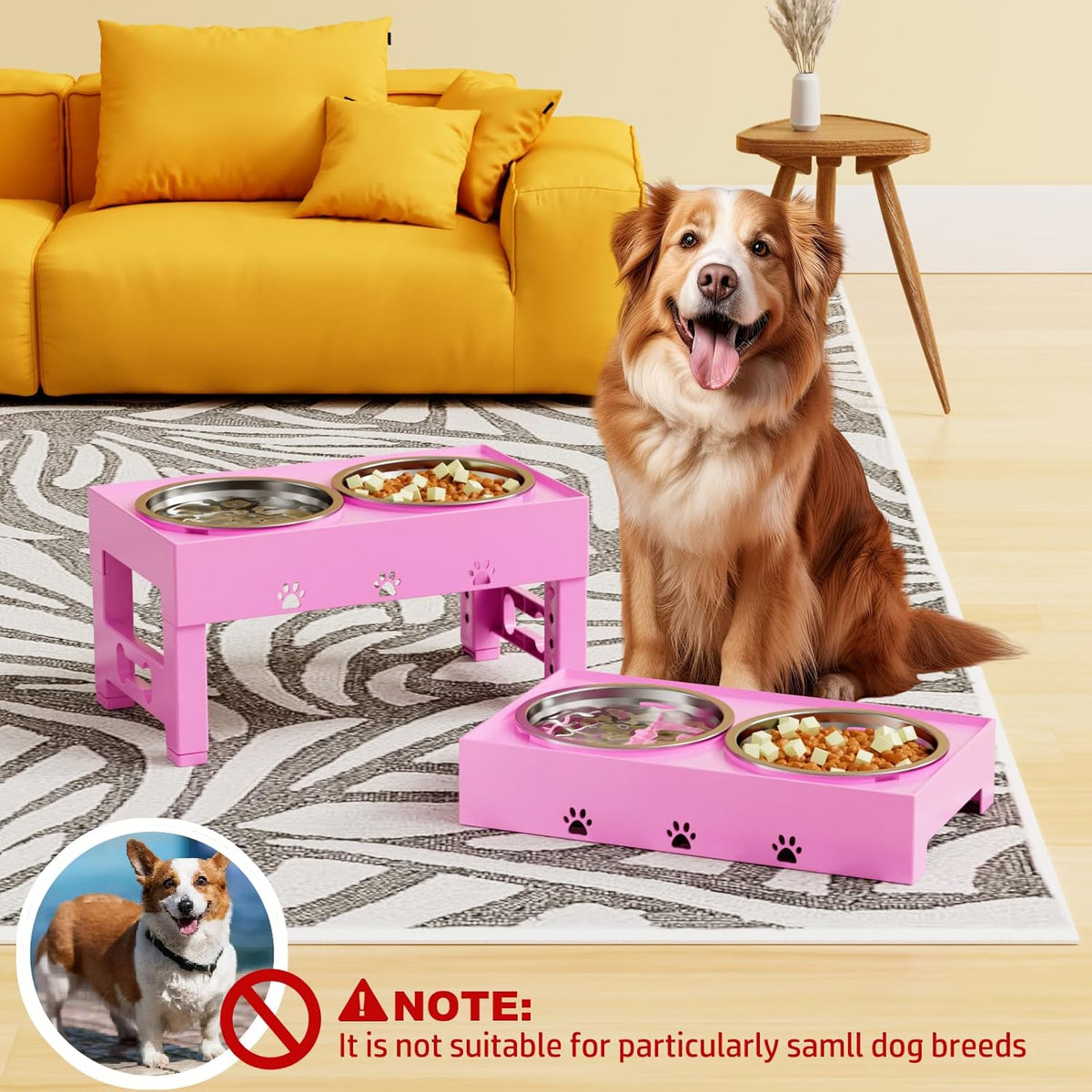 Elevated Dog Bowls with Mat, Raised Dog Food Bowl Stand with 2 Stainless Steel Bowls, 5 Height Adjustable (3.1", 9", 10", 11", 12") Non-Slip Feeder Set for Medium and Large Dogs – Pink
