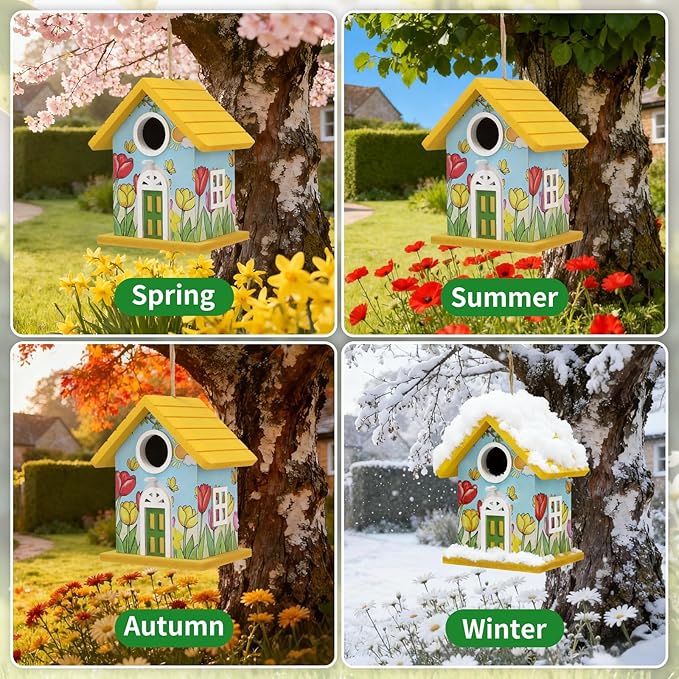 Wooden Bird Houses Bird House for Outside Yellow Wood Bird House for Outdoors,Handmade Painted Tulips Bird Houses for Garden Blue Bird Hummingbird Wren Cardinal Swallow Sparrow Finch Chickadee