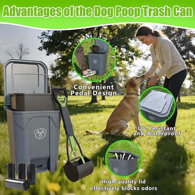 Outdoors Pet Waste Station 20L/5 Gallon Dog Poop Trash Can with Lid – Foot Pedal, Removable Inner Bin,Includes 200 Bonus Waste Bags & Long Handle Green Pooper Scooper