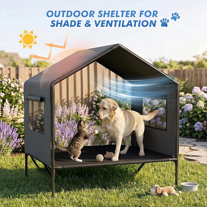 Dog House Outdoor, 43" Tall 3-in-1 Elevated Dog Bed with Roof | 4-Side Breathable Mesh Window, Dog Shelter for Large Dog Breeds Outside, Dog Tent with Canopy, Weatherproof Waterproof, 200LB