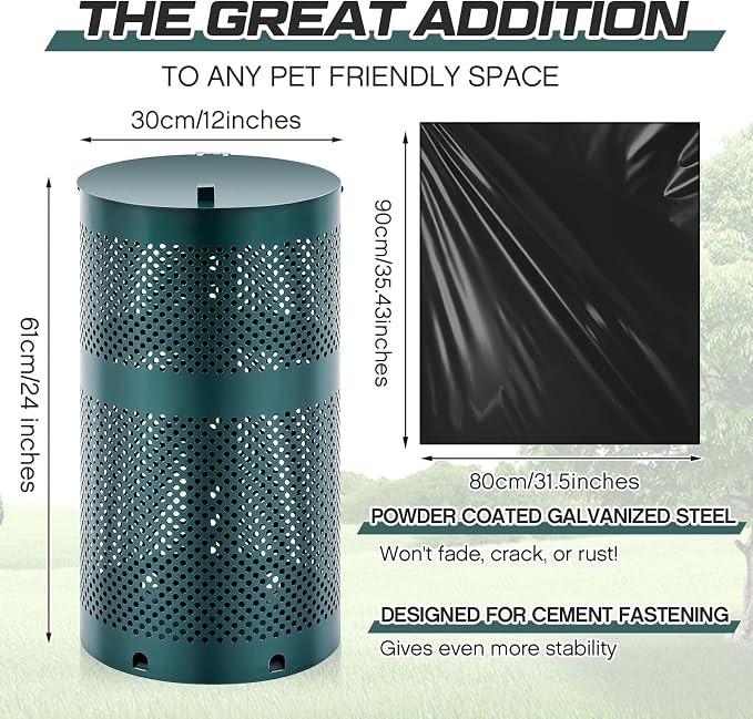 Dansydaisy Dog Waste Station Outdoor Round 10 Gallon Dog Poop Trash Can with Lid and 100 Liner Bags, Rustproof UV Powder Coated - Designed to Mount on Wall Post (Green)
