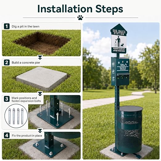 Dog Waste Station - Durable Dog Poop Trash Can Outside, 10-Gallon Capacity with Lid, Pet Waste Station for Parks, Yards & Public Spaces