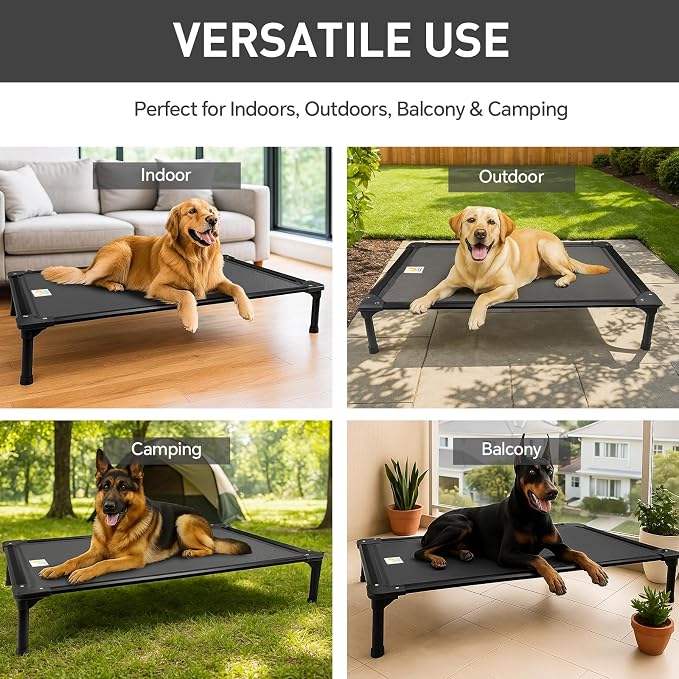 47'' Outdoor Elevated Dog Bed for Extra Large Dogs, Chew-Proof Pet Camping Raised Cot with Breathable Mesh - Durable Frame, Cooling Hammock Bed, Non-Slip Feet, Waterproof, Easy Clean