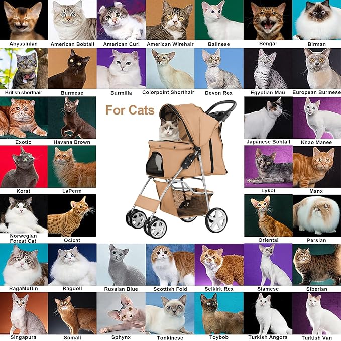 Pet Stroller for Small Dogs and CatsQuick-Folding Portable Travel Cat Dog Stroller with Storage Basket and Cup Holder, 4 Wheels, Beige