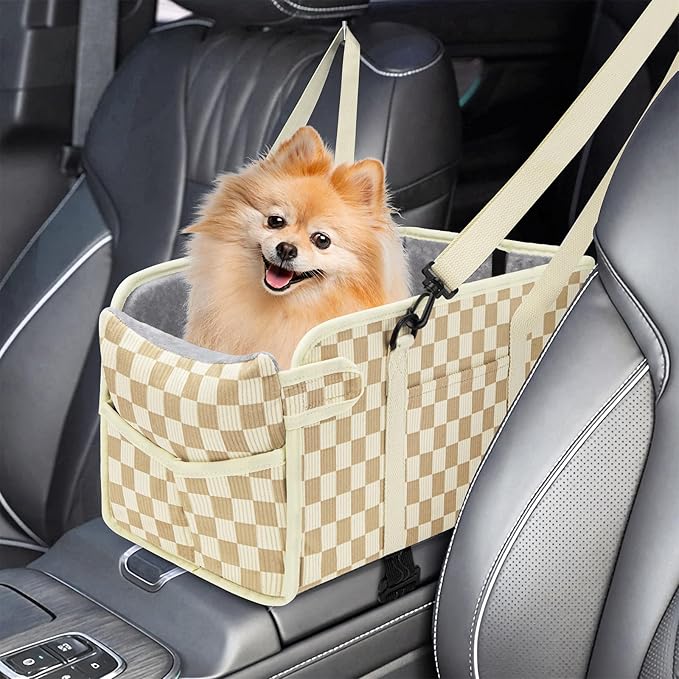 Console Dog Car Seat for Small Dogs, Foldable Booster Seat, Khaki Checkered | Portable Booster Seat Sits On Car Console/ Armrest. Foldable for Easy Storage. for Center Console, Easy To Clean.