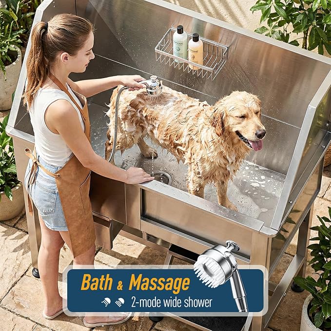46" Dog Washing Station, Leak-Proof 304 Stainless Steel Dog Bathtub with Non-Slip Removable Left Stair & Storage Drawer, Elevated Pet Wash Station for Large Dogs, Indoor & Outdoor Use (Right Stair)