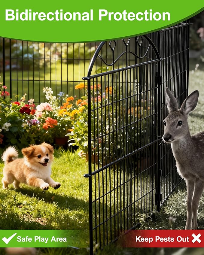 48in Extra Tall Garden Fence, 10-Panel Metal Animal Barrier, 24ft Long No Dig Temporary Fencing for Yard, Reusable Defense for Big Dogs & Privacy