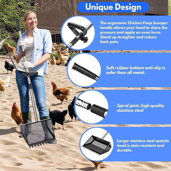 VEEMI Chicken Poop Scooper Rake 2-in-1,304 Stainless Steel Shovel Head, Chicken Litter Scoop with Handle for Chicken Coop for Sand, Pet Waste Cleaning, Litter Sifting Shovel (35 to 65") | Chicken Poop Scooper
