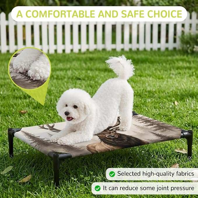 Outdoor Elevated Dog Bed for Medium Dogs, Brown Elk Breathable Cooling Raised Dog Cot for Indoor/Outdoor, Farm Pine Forest Tree Wildlife Rustic Waterproof Elevated Pet Beds, M 24 x 20 in