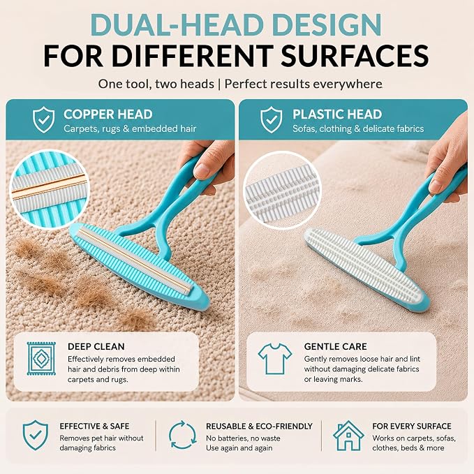 2 Pack Set Pet Hair Removal Tool – Dual-Head Copper & Plastic Scraper for Carpet, Furniture & Car, Reusable Lint Remover for Embedded Dog & Cat Hair
