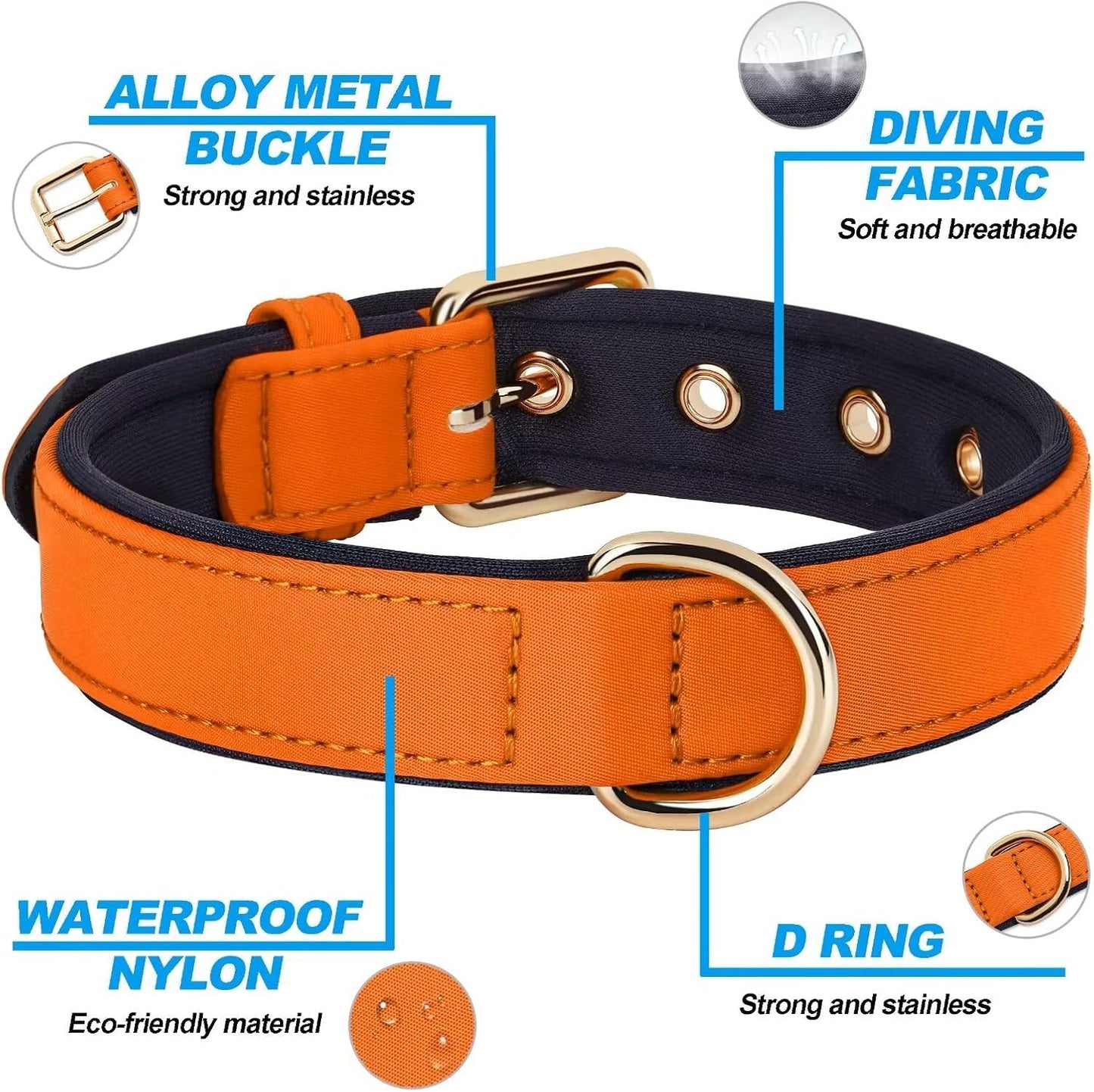 Didog Soft Padded Dog Collars for Small Dogs, Lightweight and Breathable Dog Collar with Metal Buckle, Orange, M