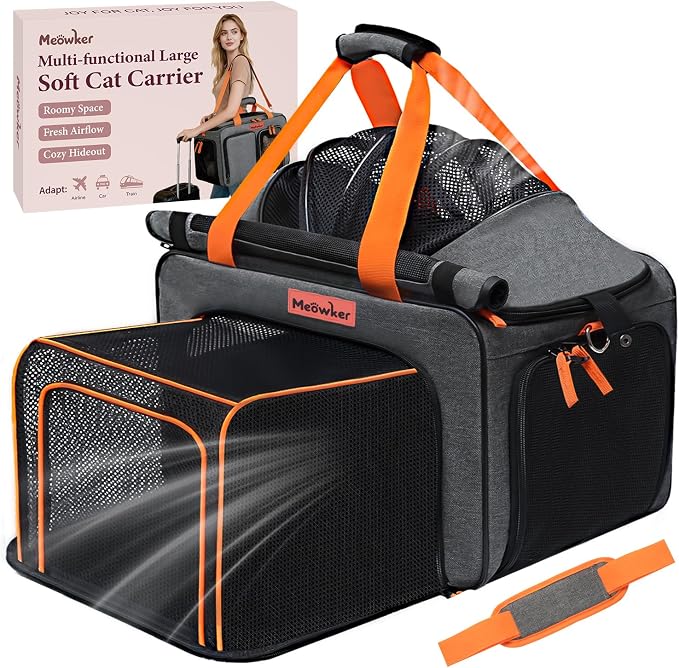 Cat Pet Dog Carrier Soft Sided Airline Approved, Large Foldable Travel Cat Bag for Kittens & Puppies Up to 15 Lbs, Top Loading Mesh, Expandable Breathable Comfort for Transport Scenarios