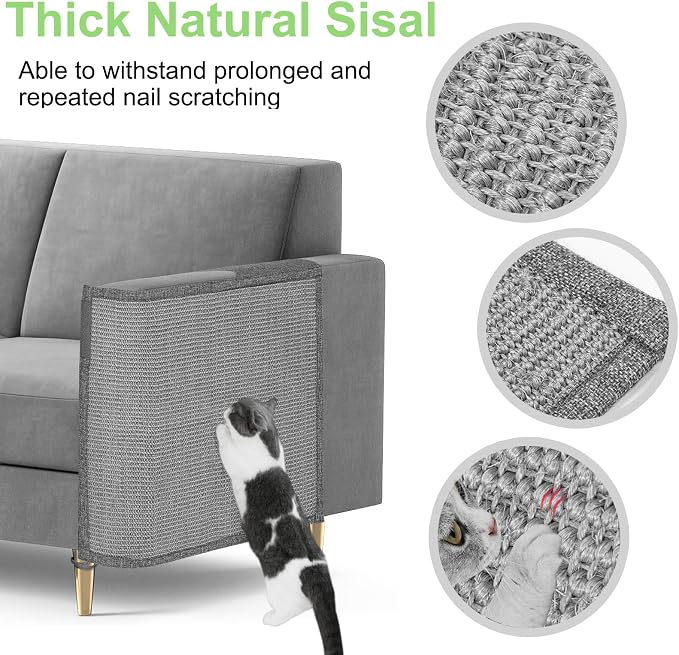 Cat Scratch Couch Protector,23.6" L*19.7" W Scratching Furniture Protector Pad,Cat Scratch Sofa Arm Sheild with Grey Natural Sisal for Protecting Couch Sofa Chair Furniture (Grey/Left Hand)