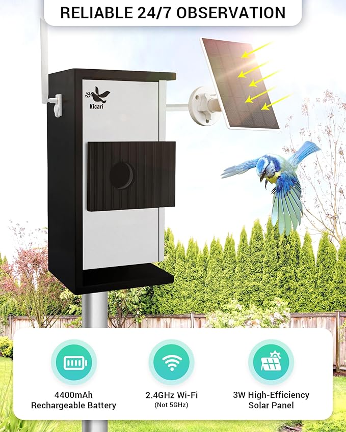 Kicari Bird House with Camera 2K HD, Solar & Battery Powered, Dual Night Vision, PIR Motion Sensor, Two-Way Audio, WiFi App Control, Weatherproof Wooden Smart Bluebird Nest Box for Outdoor Use, Gray
