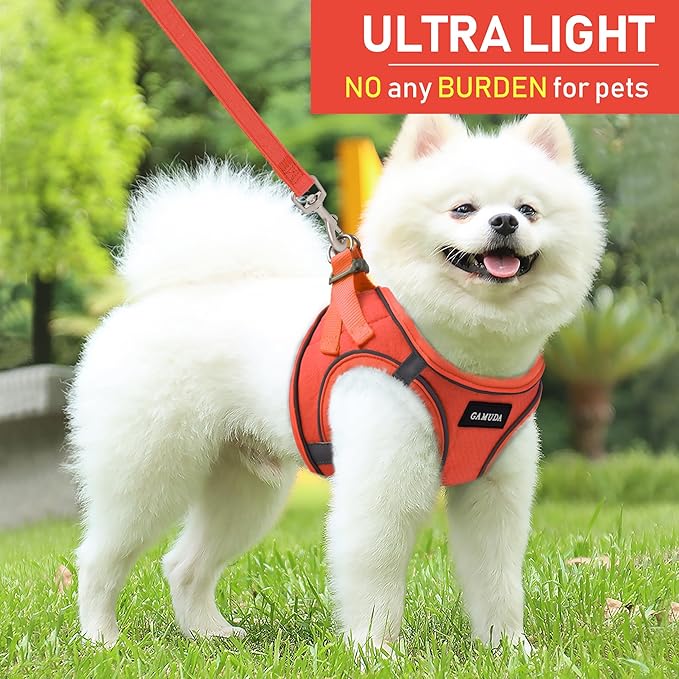 GAMUDA Small Pet Harness Collar and Leash Set, Step in No Chock No Pull Linen Fabric Soft Mesh Dog Vest Harnesses Reflective for Dogs Puppy Cats Kitten Rabbit (Orange, L)