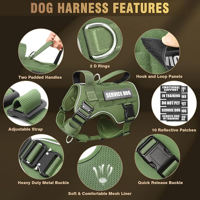 Tactical Dog Harness for Medium Dog, Heavy Duty Service Working MOLLE Vest with 10 Pet Patches, 2X Metal Buckle Vest for Training Hunting Walking