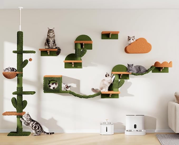 Cactus Floor to Ceiling Cat Tower, 14-in-1 Cat Wall Shelves, Green | Cats Tree with Adjustable Height(87-104 IN), Cat Climbing Wall Furniture Set for 16 Inch Drywall, with Scratching Post, Cloud