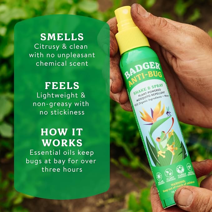 Badger Bug Spray, 3-Hour DEET-Free Mosquito Repellent, Family Friendly, Citronella & Organic Essential Oils, Natural & Vegan Insect Repellent Spray, 4 fl oz Aluminum Bottle, 2-Pack