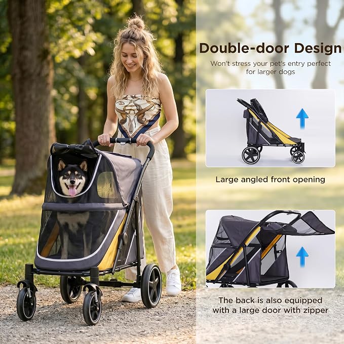 Dog Stroller for Medium/Large Dogs One-Click Folding, Extra Large Pet Stroller for 2 Dogs with Storage Pocket & Shock Absorption, Up to 130 lbs, Yellow