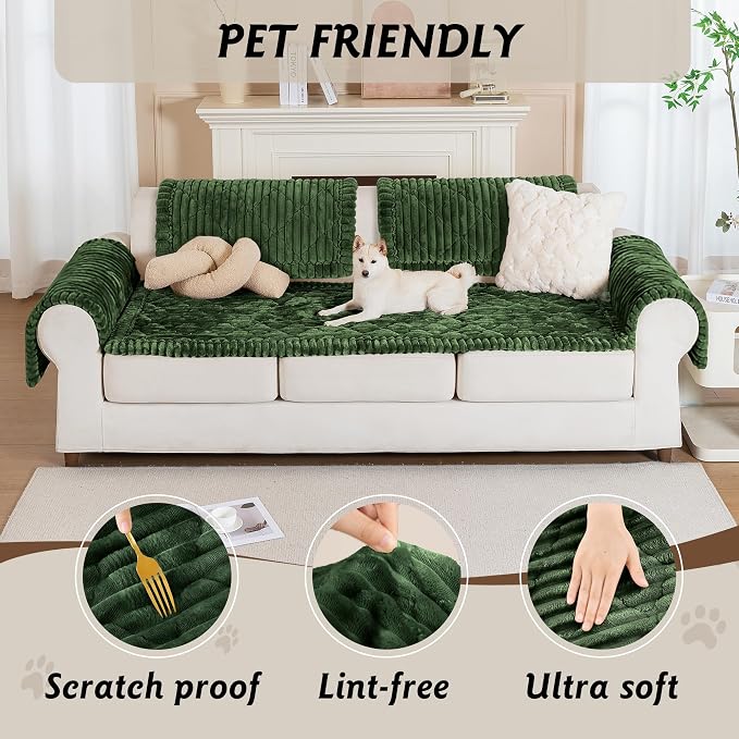 PuTian 100% Waterproof Fuzzy Couch Cover for Dogs Green 27.6"x27.6" | Pet Friendly Dog Mat for Couch, Waterproof Sofa Protector, Scratch Resistant Furniture Cover for Dogs, Machine Washable