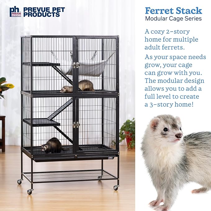 Prevue Pet Products Ferret Stack Two Story Ferret Home - Portable Stand, Escape Proof Lock, Includes Hammock & Ramps, Expandable Two Story Cage Stacking System with Wheels - Black