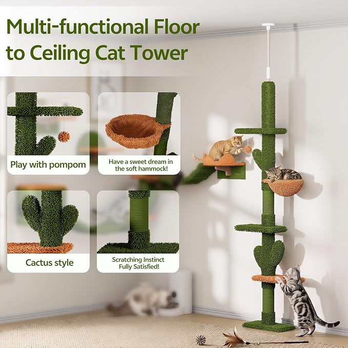 Cactus Floor to Ceiling Cat Tower, 10-in-1 Cat Wall Shelves, Green | Cats Tree with Adjustable Height(87-104 IN), Cat Climbing Wall Furniture Set for 16 Inch Drywall, with Scratching Post, Condo