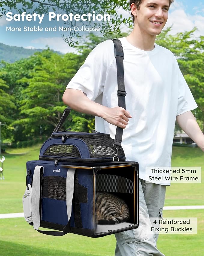 Pecute Top Expandable Cat Carrier Sturdy Pet Bag with 5mm Anti-Collapse Steel Frame, Soft Dog Carrier for Car Travel Vet Visits Outdoor Hammock,Foldable Travel Crate with Leakproof Pee Pad & Bowl,Blue