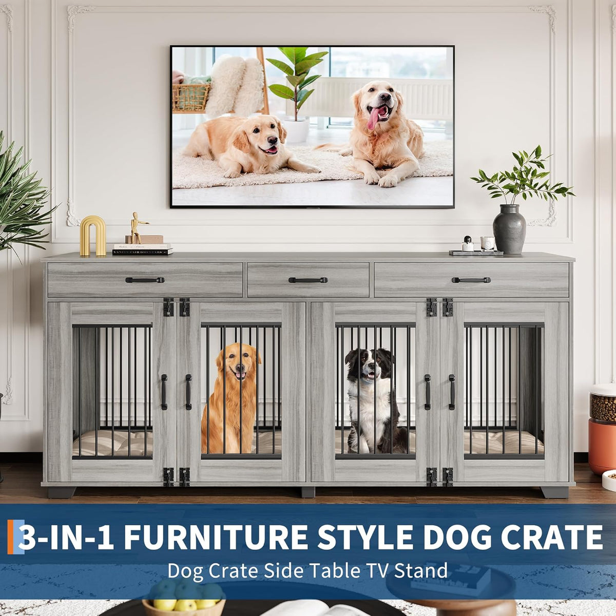 71 Inch Dog Crate Furniture for 2 Rooms, Wooden Double Crate Large Breed with Door, Dog Kennel Indoor, TV Stand End Table with Divider for Large Medium Dogs,Grey