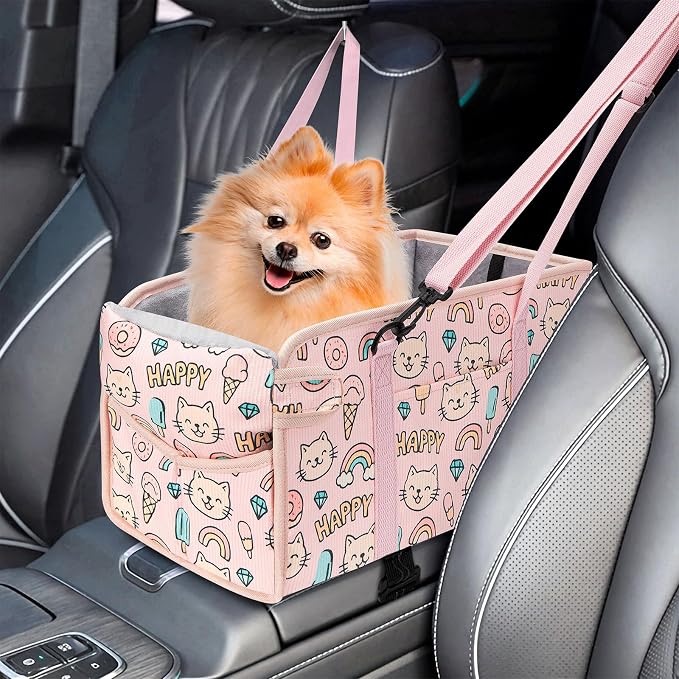 Console Dog Car Seat for Small Dogs, Foldable Booster Seat, Pink Kitten | Portable Booster Seat Sits On Car Console/ Armrest. Foldable for Easy Storage. for Center Console, Easy To Clean.