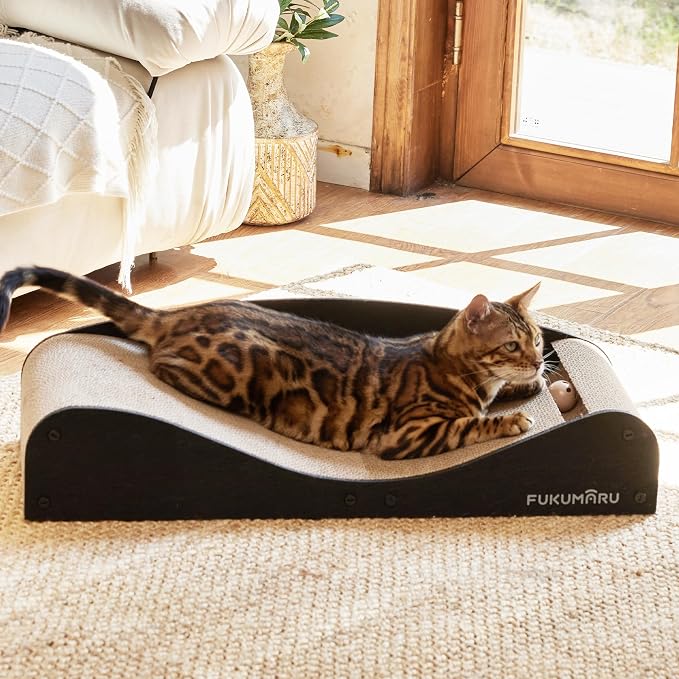 FUKUMARU Cardboard Cat Scratcher Bed, Extra Large 29.1 Inch Cat Scratch Pad | Cat Scratching Bed Couch Indoor, Natural Felt Multifunctional, Horizontal Kitten Scratch Bed Lounger With Ball Toy, Black