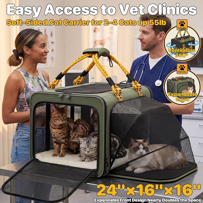 PAWZIDEA Large Pet Carrier Expandable, 24"×16"×16" Soft-Sided Cat Carrier for 2–4 Cats up 55lb, Portable & Collapsible Small Medium Dog Travel Crate for Car, XL Storage Pocket, ID Card, Shoulder Strap