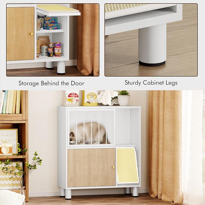 Dog Proof Cat Feeding Station, Metal Cat Feeding Cabinet, White | Elevated Cat Feeding Station, Pet Food Station with Storage, Cat Bowl Stand, Scratching Board, Stainless Steel Bowls