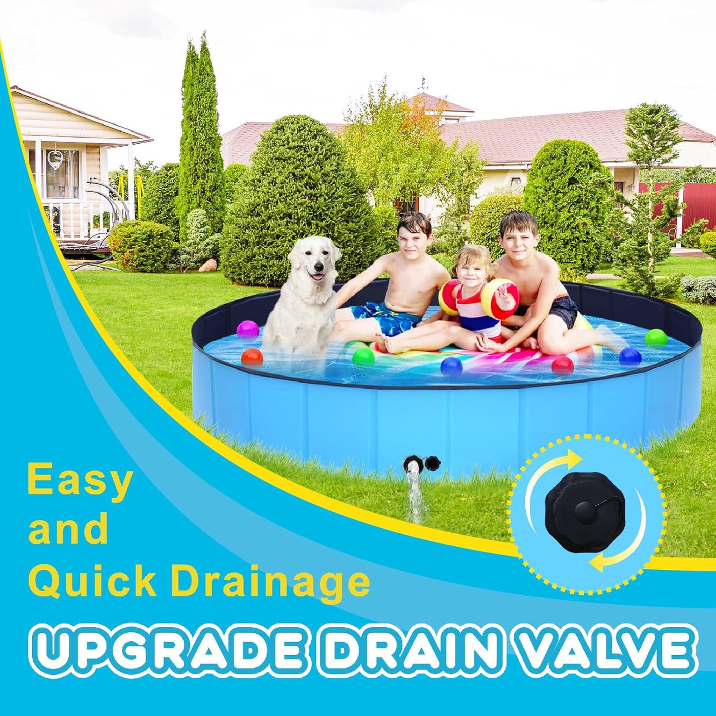 Foldable Dog Pool - 63" x 12" Anti-Slip Portable Dog Swimming Pool, Hard Plastic Collapsible Kiddie Pool for Outdoor and Indoor for Pets Dogs Cats and Kids