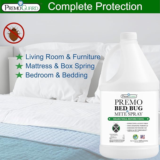 Premo Guard Bed Bug & Mite Killer Spray - 100% Kill Rate Formula, 128 oz | University Tested, Safe for Bedding, Furniture, Fabrics, and Clothing, Non Toxic, Stain & Scent Free, Child & Pet Safe