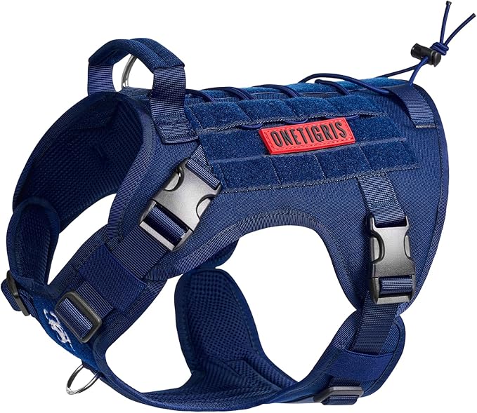 OneTigris Tactical Dog Harness with Handle No-Pull Adjustable for Small Dog | Military 1000D Pullable Nylon, Service Dog Vest with Hook & Loop Panels, Easy On & Off for Walking Hiking Training Blue XS