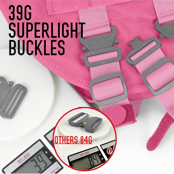 Service Dog Vest for Large Dogs, Pink Tactical Harness with Military MOLLE, Breathable Mesh & 39g Metal Buckle - Size M for Training & Hiking