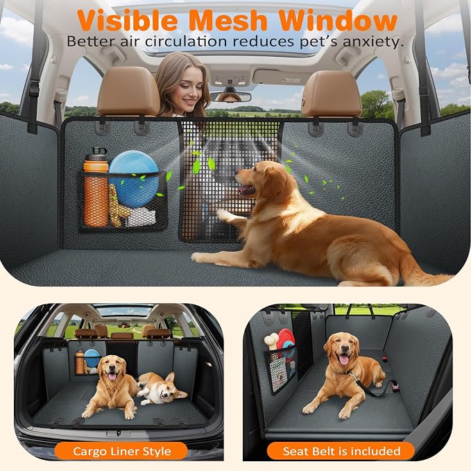 URPOWER PU Leather Backseat Extender for Dogs, Hard Bottom Dog Car Seat Cover for Back Seat, Holds 400 LBS, Waterproof Dog Car Hammock Anti-Scratch Pet Rear Seat Protector Travel Bed for Car and SUV