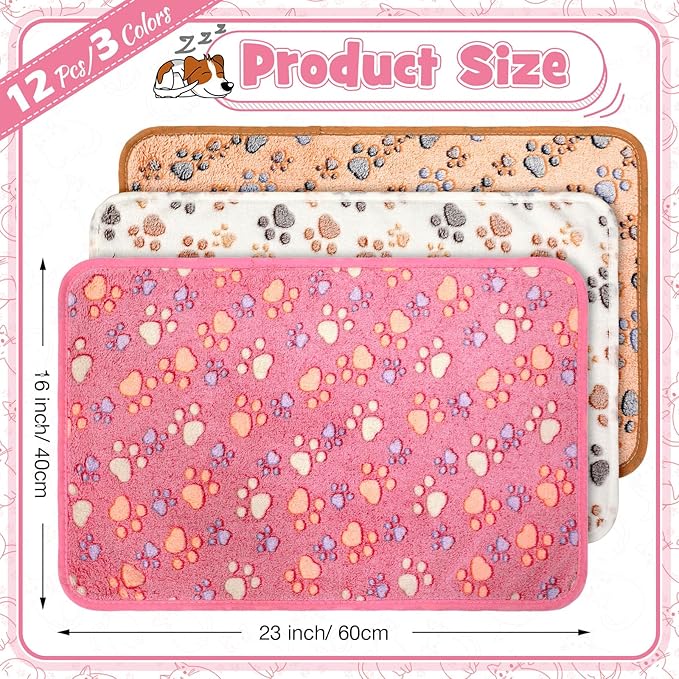 Tegeme 12 Pcs Pet Blankets Soft Fluffy Fleece Dog Cat Warm Paw Print Pattern Blankets Flannel Throw for Pets Dog Puppy Cat(23 x 16 Inch,Pink,Beige,Camel)